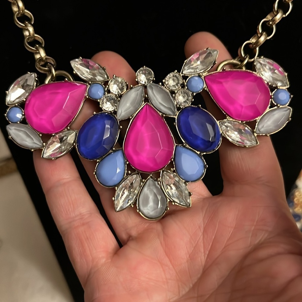 Title:
J.Crew Multicolor Statement Necklace – Pink, Blue & Crystal Gemstones - Picture 2 of 3